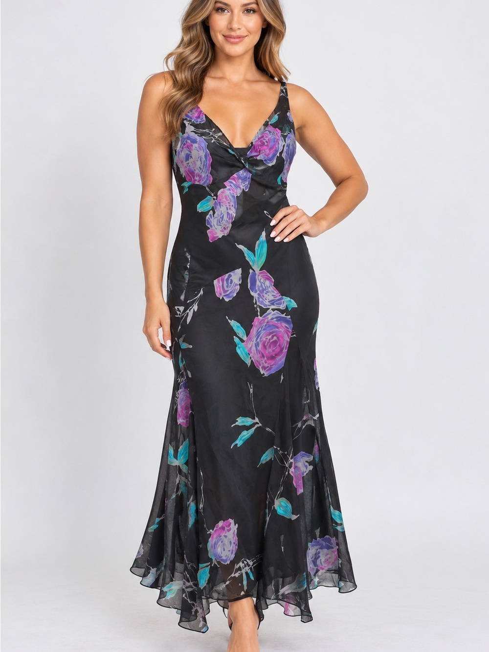 Jones New York Black Floral Silk Maxi Dress Size 14